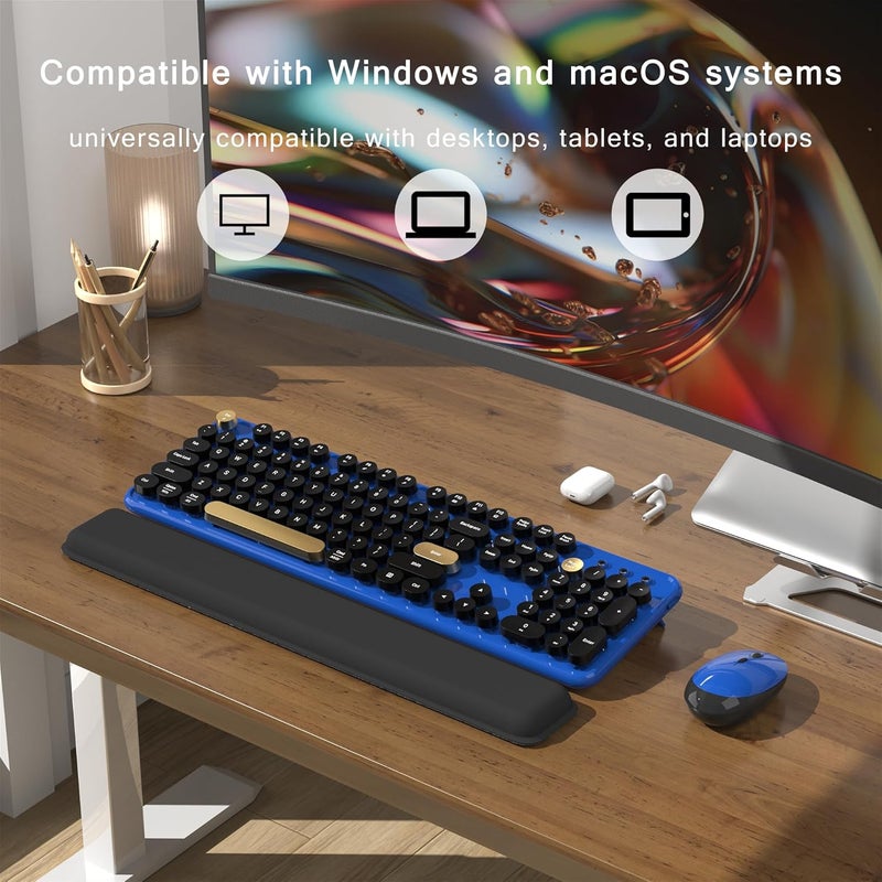 MPTOG Colorful Wireless Computer Keyboard and Mouse Combo with Round Typewriter Keycaps, Retro Design, Power Switch, Ergonomic Design, 2.4GHz Wireless for Windows, Mac, PC(Black-Blue) - Image 3